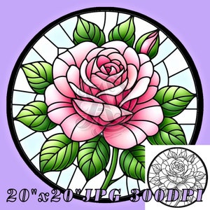 May include: A stained glass style illustration of a pink rose with green leaves in a circular frame. The image includes a black and white outline of the rose.