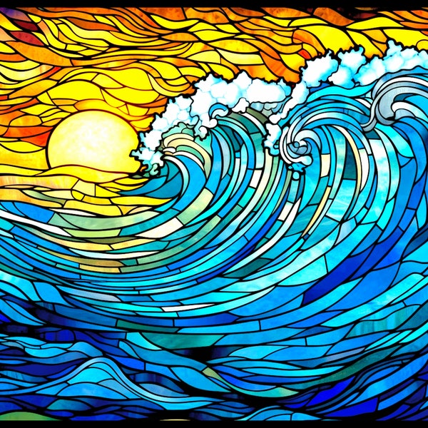 Sunrise Over High Ocean Waves Stained Glass Pattern Print, Download Ocean Sunrise Digital Art JPG File 20"x16" 300DPI Ocean Coloring Book