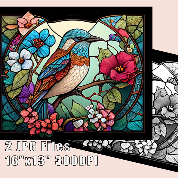 Impression de motif de vitrail d'oiseau coloré, téléchargement d'art numérique, 2 fichiers 16 X 13" 300DPI oiseaux et impression d'art de vitrail d'arbre, coloriage