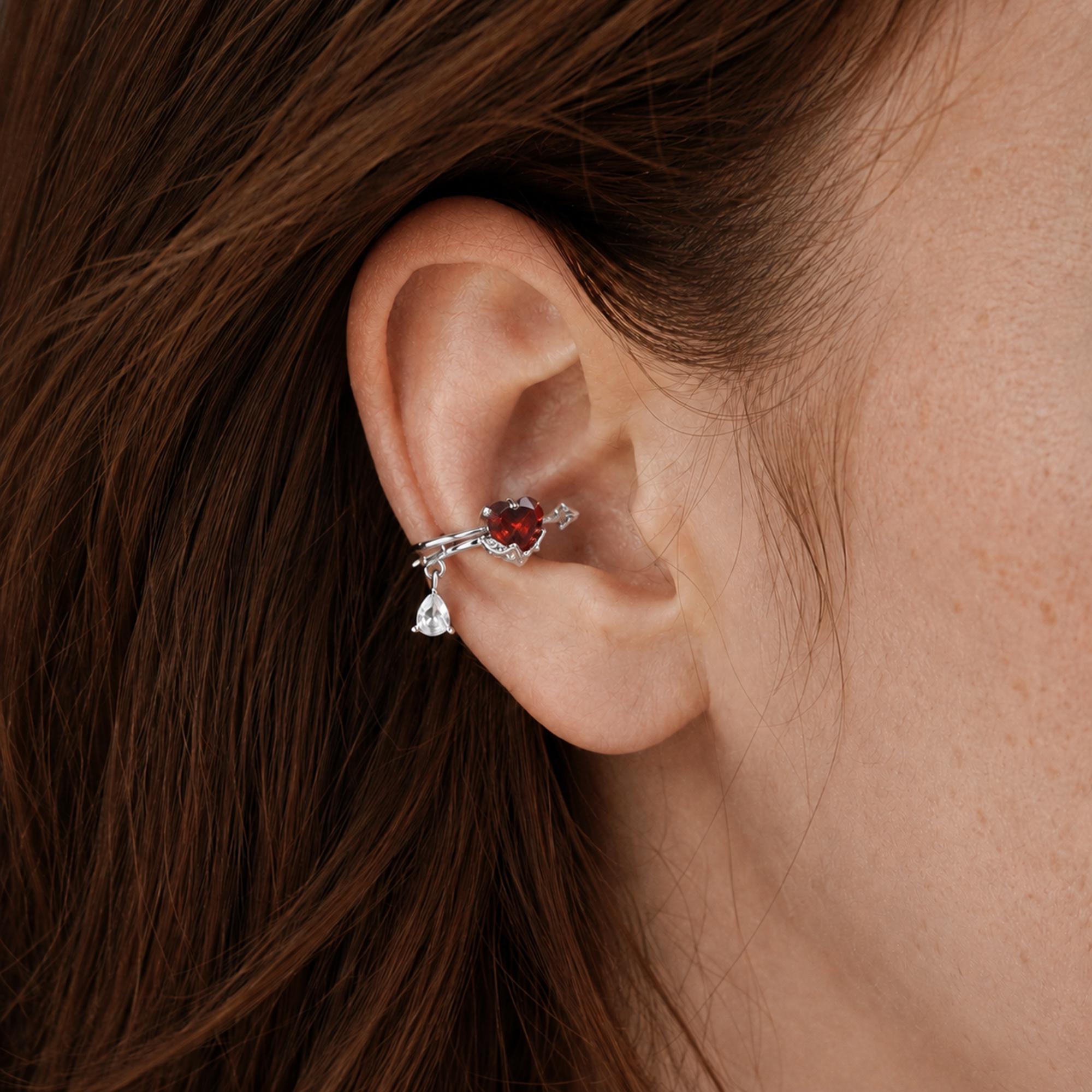 Sterling Silver Heart Ear Cuff with Red Zircon, No Piercing Ear Wrap
