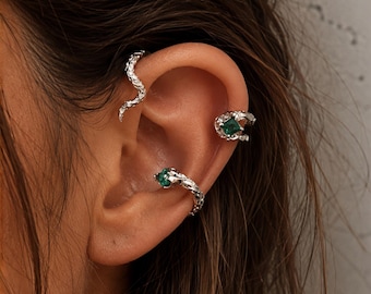 Silver Snake Ear Cuff, Green Stone, No Piercing Cartilage Wrap
