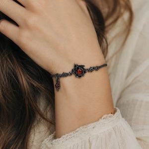 Gothic Black Rose Bracelet, Red Stone, Sterling Silver, Dark Romantic Jewelry