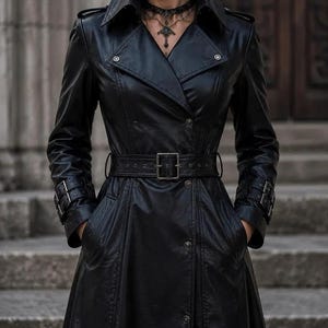 Women's Gothic Black Leather Trench Coat Double-Breasted Belted Vintage Long Overcoat