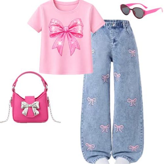 Y2K Pink Bow Jeans Outfit Set: Graphic T-Shirt, Wide Leg Denim, Sunglasses, Handbag