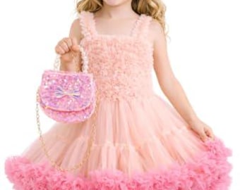 Girls Pink Tutu Dress Set with Sequin Purse, Bow Hair Clip – Party Outfit