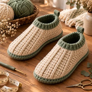May include: A pair of handmade crochet slippers featuring a cream-coloured body with vertical ribbed texture and a sage green trim around the ankle opening and sole. Each slipper includes a small pull tab at the heel for easy wear and removal.