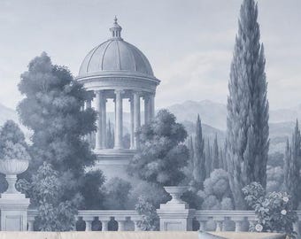 Monochrome European Garden Wall Mural, Classical Terrace Landscape Wallpaper (Gold/Silver Cork, Raffia)