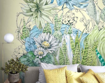 Hand Drawn Tropical Botanical Wall Mural, Sketch Succulent Desert Flora Wallpaper