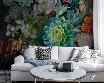 Hand Painted Botanical Succulent Floral Mural, Vintage Plant Art Wallpaper, Living Room Decor