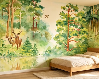 Watercolor Forest Deer Lake Mural, Woodland Landscape Wallpaper, Sage Green Scenic Nature Home Renovation