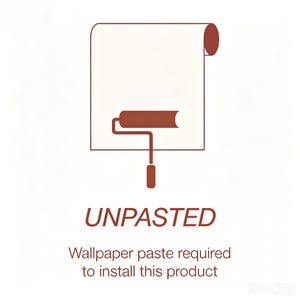 Op de afbeelding: Een bruin lijntekening-icoon van een behangrol en een verfroller. Onder het icoon staat de tekst UNPASTED in hoofdletters, gevolgd door de zin: Wallpaper paste required to install this product. Het ontwerp is eenvoudig en duidelijk.