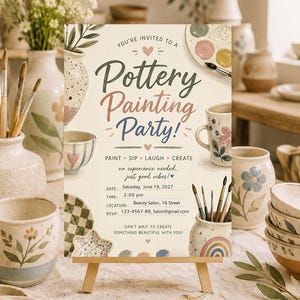 May include: A rectangular invitation card for a Pottery Painting Party featuring illustrations of ceramic mugs, bowls, and paint palettes. The text includes event details for Saturday, June 19, 2027, at 2:00 pm at Beauty Salon, 16 Street, with RSVP information.