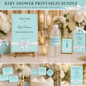 Peut inclure: Un ensemble de modèles imprimables pour fête prénatale, avec des designs bleu clair ornés de rubans et de nœuds blancs. Le kit comprend un panneau d'accueil, des étiquettes de bouteille, des numéros de table et des cartes avec typographie noire.