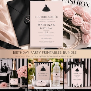 Peut inclure: Un ensemble d'imprimables pour fête d'anniversaire aux tons rose poudré et noir avec une illustration de robe. Comprend une invitation, une étiquette de champagne, une étiquette d'eau, un emballage de chocolat et une étiquette de remerciement.