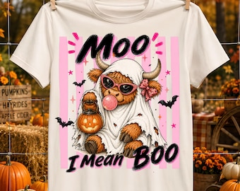 Moo I Mean Boo PNG Sublimation Design Ghost Highland Cow Shirt Digital Download Retro Halloween Western Graphic