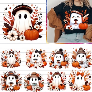 May include: A black t-shirt featuring a graphic of a white ghost wearing a patterned beret, holding a coffee cup, surrounded by orange pumpkins, autumn leaves, and white flowers. The design is repeated in various styles with different hats.
