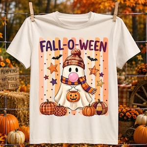 May include: A cream-coloured t-shirt featuring a graphic of a ghost wearing a plaid beanie and scarf, blowing a pink bubble, and holding a jack-o'-lantern bucket. The text FALL-O-WEEN appears above, surrounded by pumpkins, stars, and bats.