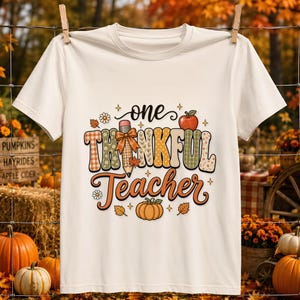 One Thankful Teacher Sublimation PNG - Fall Autumn Patchwork Apple Shirt Graphic File