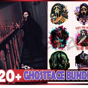 Può includere: Un pacchetto digitale contenente oltre 20 illustrazioni di Ghostface. La collezione include vari design grafici della figura mascherata con coltelli, teschi e schizzi di vernice colorata, insieme a testi come Let's Hunt e What's Your Favorite Scary Movie.