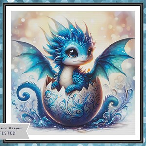 May include: A digital art print of a baby blue dragon hatching from an egg. The dragon has large eyes, blue scales, and wings. The egg is decorated with blue swirls. The background is a soft, blurred mix of colors.
