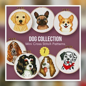 Può includere: Sette telai da ricamo circolari in legno contenenti schemi a punto croce di varie razze canine. Il testo DOG COLLECTION Mini Cross Stitch Patterns e il numero 7 sono visualizzati al centro della composizione su uno sfondo viola scuro.