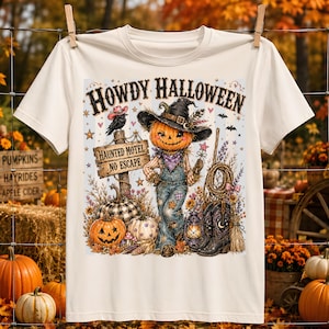 May include: A cream-colored t-shirt featuring a graphic print with the text HOWDY HALLOWEEN and HAUNTED MOTEL NO ESCAPE. The design shows a pumpkin-headed figure in a witch hat and overalls, a crow, pumpkins, a lantern, and cowboy boots.