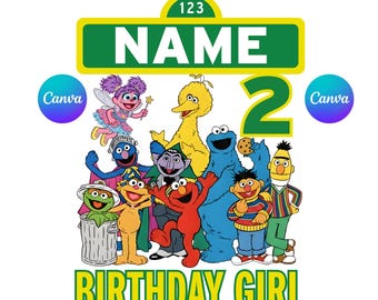 Immagine PNG modificabile di compleanno a tema Sesame Street, nome personalizzato, stampa a sublimazione su Canva (download digitale)
