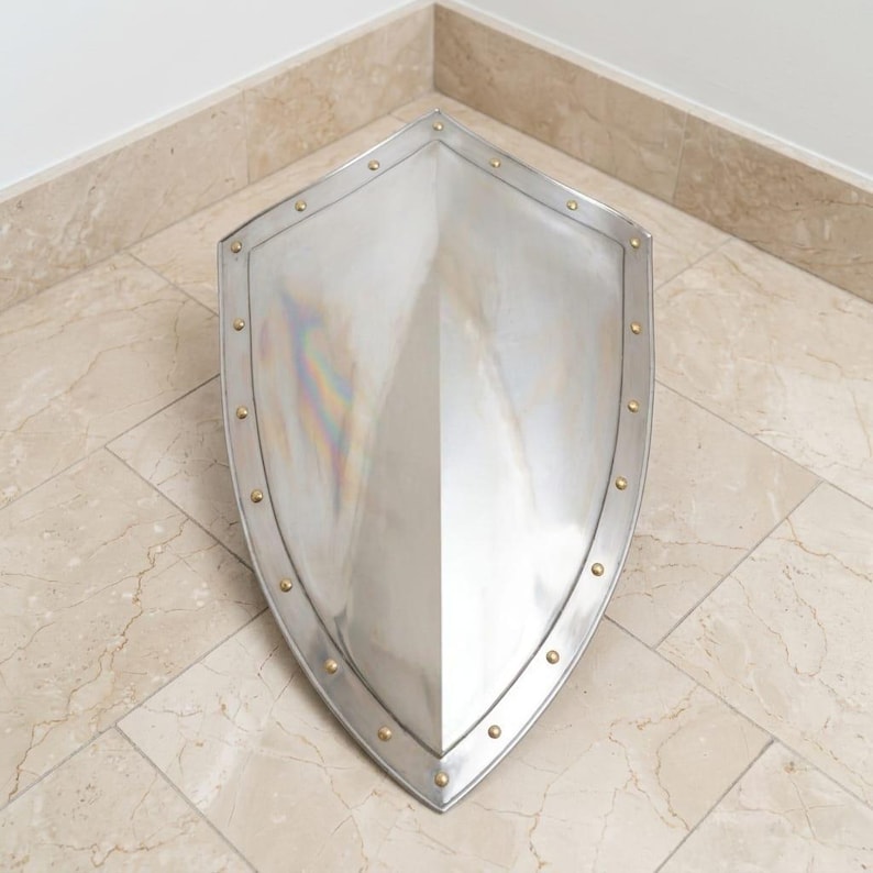 Pu&ograve; includere: Uno scudo in metallo color argento lucido con base a punta e una cresta centrale verticale. Il perimetro dello scudo &egrave; rinforzato da un ampio bordo fissato da piccoli rivetti metallici dorati, rotondi e distanziati uniformemente.