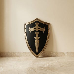 Może przedstawiać: Tarcza o kształcie herbowym z matową czarną powierzchnią, ozdobiona centralnym emblematem miecza w kolorze metalicznego złota. Tarcza jest otoczona wyblakłą złotą ramą z równomiernie rozmieszczonymi nitami wzdłuż całej zewnętrznej krawędzi.