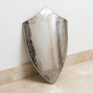 Pu&ograve; includere: Uno scudo in metallo color argento lucido con base a punta e parte superiore curva. Lo scudo presenta un bordo rialzato lungo il perimetro, accentuato da piccoli rivetti o borchie metalliche dorate, rotonde e distanziate uniformemente.