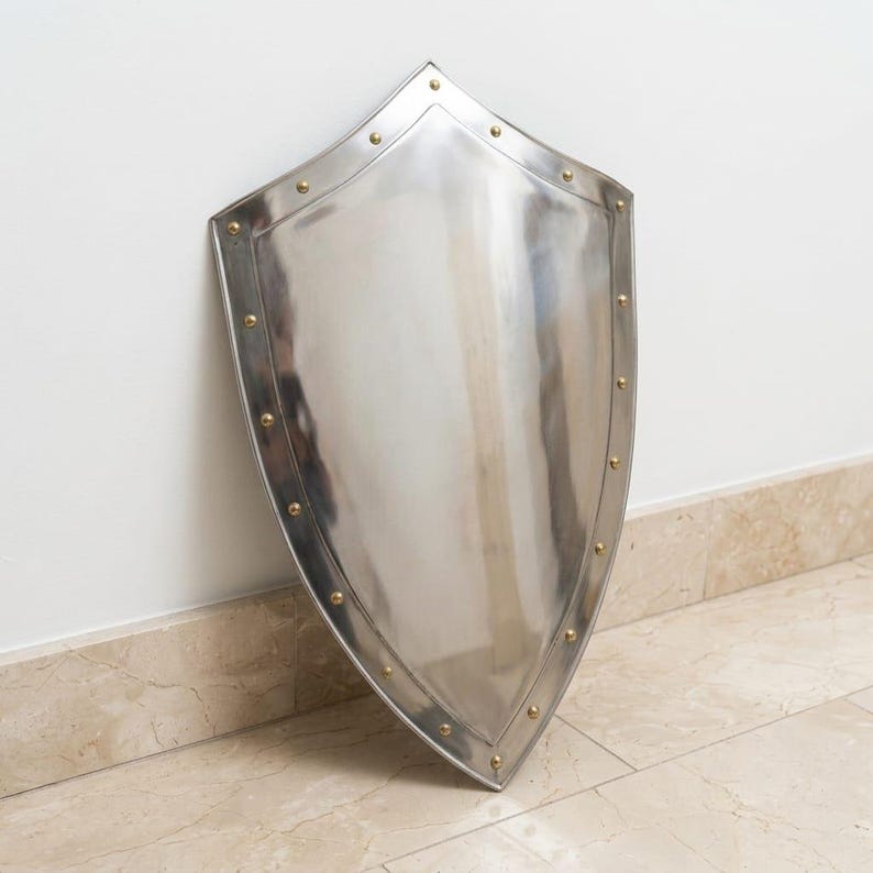 Pu&ograve; includere: Uno scudo in metallo color argento lucido con base a punta e parte superiore curva. Lo scudo presenta un bordo rialzato lungo il perimetro, accentuato da piccoli rivetti o borchie metalliche dorate, rotonde e distanziate uniformemente.