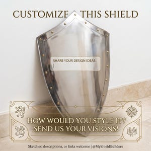 Pu&ograve; includere: Uno scudo in metallo color argento lucido con rivetti color oro lungo il bordo. Il testo recita: CUSTOMIZE THIS SHIELD, SHARE YOUR DESIGN IDEAS: HOW WOULD YOU STYLE IT? SEND US YOUR VISIONS! Sketches, descriptions, or links welcome | @MyShieldBuilders