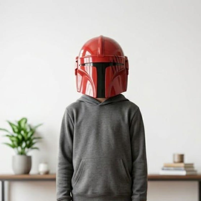 K&ouml;nnte beinhalten: Ein gl&auml;nzender roter Helm mit einem schwarzen T-f&ouml;rmigen Visier und vertikalem Grat, getragen mit einem schlichten grauen Kapuzenpullover mit langen &Auml;rmeln. Der Helm hat eine glatte, abgerundete Kuppel und kantige Seitenteile als Kopfschutz.
