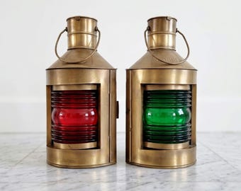 Faroles náuticos vintage de latón – Luces de barco con cristal Fresnel rojo y verde, decoración marítima