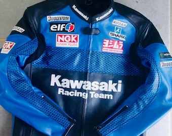 Chaqueta de moto de cuero azul y negro Kawasaki Racing Team, estilo vintage, para motociclistas. Abrigo para hombre.