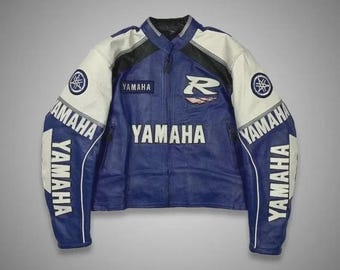 Chaqueta de moto de cuero Yamaha R1 vintage – Abrigo de motorista de carreras azul y blanco