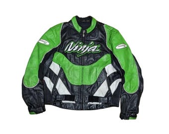 Chaqueta de cuero estilo ninja vintage para hombre, verde y negro, estilo retro, ideal para motociclistas.
