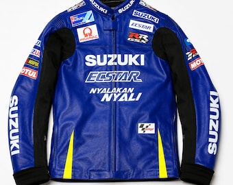 Chaqueta de moto Suzuki Ecstar de cuero azul, estilo vintage, para motociclistas de carreras, equipo de protección para la conducción.