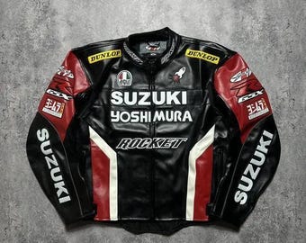 Chaqueta de cuero Suzuki Yoshimura GSX Racing para hombre, color negro y rojo, estilo retro, ideal para amantes de MotoGP.