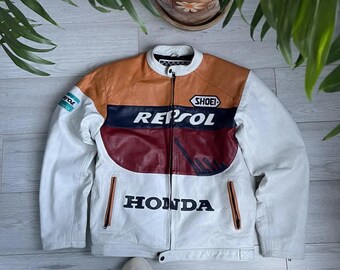 Vintage Honda Repsol Leather Motorcycle Jacket Men’s Retro MotoGP Racing Biker Riding Gear Coat