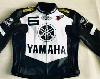 Vintage Yamaha Black White Leather Motorcycle Jacket Men’s Retro Racing Biker Riding Gear Coat