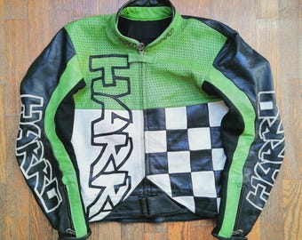 Vintage groen zwart leren racejack – dambord motorbikerjack voor heren
