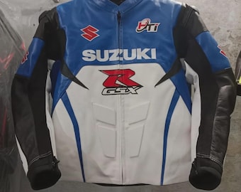 Chaqueta de moto de cuero azul y blanco Suzuki GSXR para hombre, estilo retro de carreras.