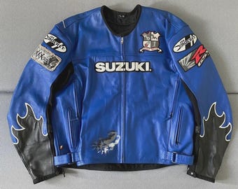 Chaqueta de moto Suzuki GSXR de cuero azul, estilo vintage, para motociclistas de carreras, equipo de protección para la conducción.