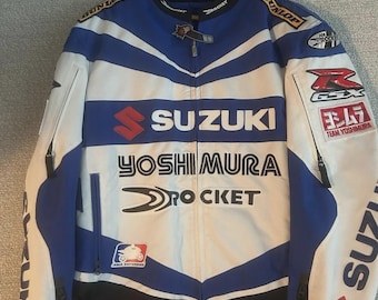 Chaqueta de moto de cuero Suzuki Yoshimura Rocket azul y blanca, equipo de protección para motociclistas de carreras.