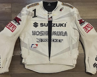 Chaqueta de moto Suzuki Yoshimura Rocket de cuero blanco, estilo vintage, para motociclistas de carreras.