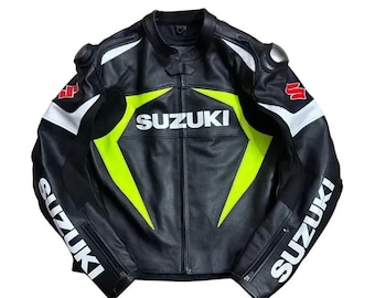 Chaqueta de cuero Suzuki Racing negra y blanca, equipo de protección para motociclistas.