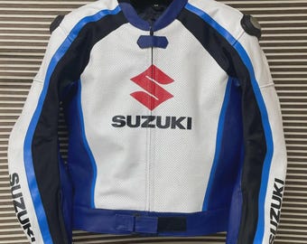 Chaqueta de moto de cuero Suzuki GSXR azul y blanca, equipo de protección para motociclistas de carreras.