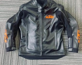 Chaqueta de moto KTM de cuero negro y naranja, estilo vintage, para motociclistas de carreras. Abrigo para hombre.