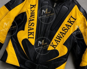 Chaqueta de moto de cuero negra y amarilla Kawasaki – Equipamiento para motociclistas de carreras